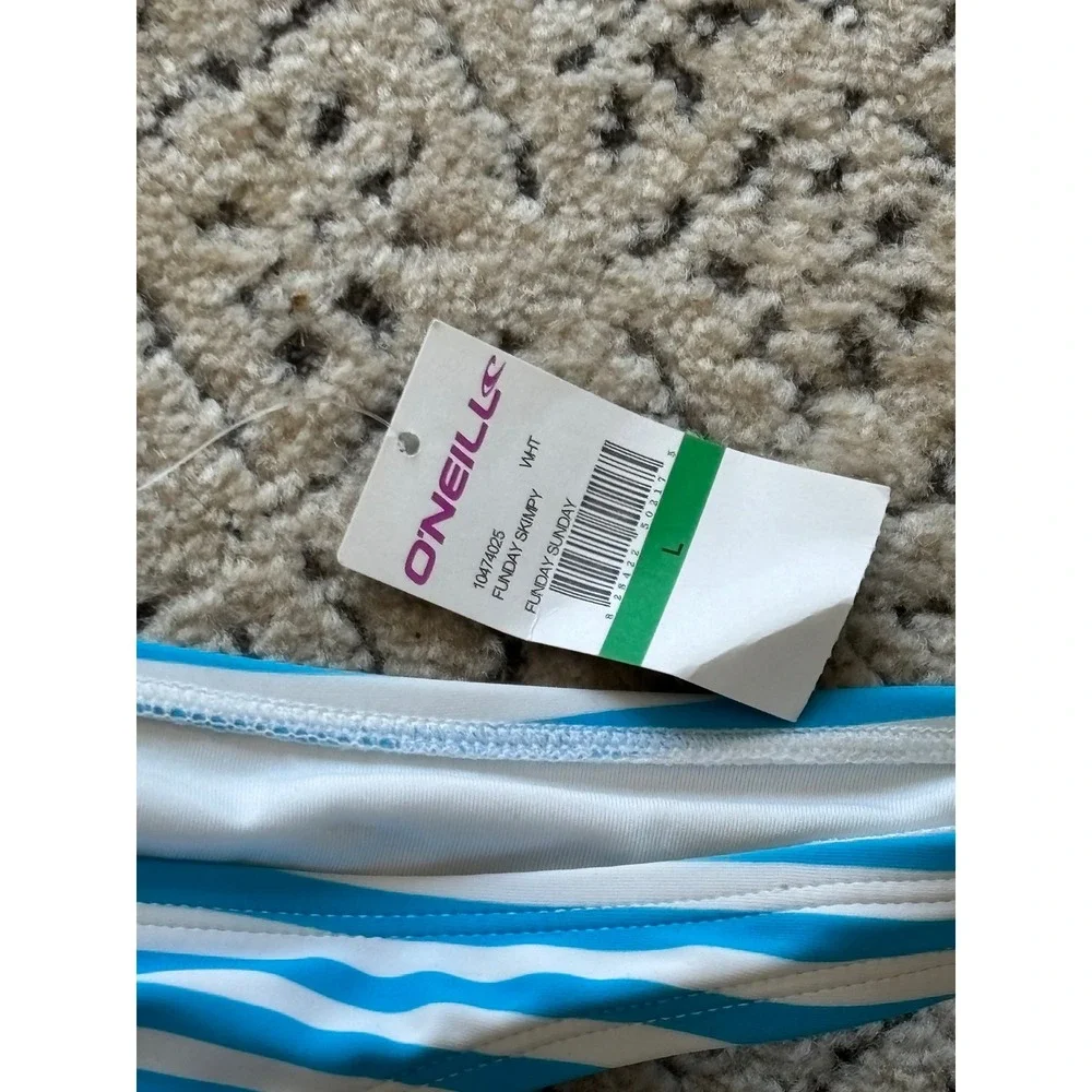 O'Neill Funday Skimpy Bikini Bottom Blue White Striped Sun Graphic‎ 10474025 L